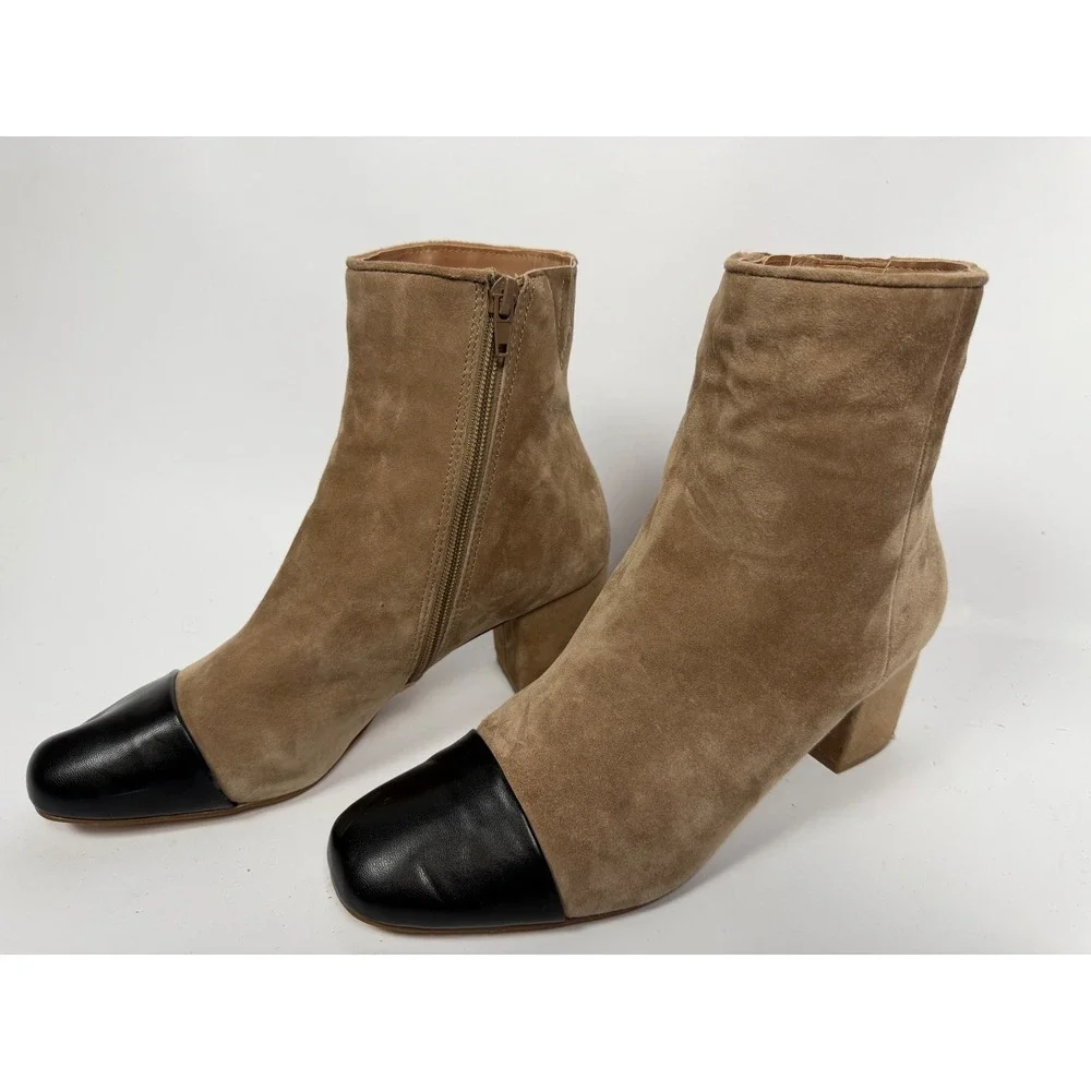 Minimalist Tan Suede Black Cap Toe Block Heel Ankle Boots Steve Madden 9.5M